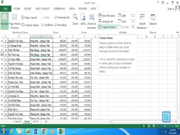 cách cố định hàng trong excel