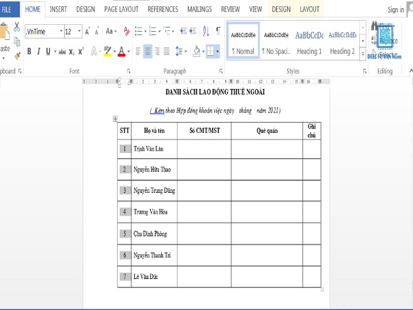 đánh số thứ tự trong word
