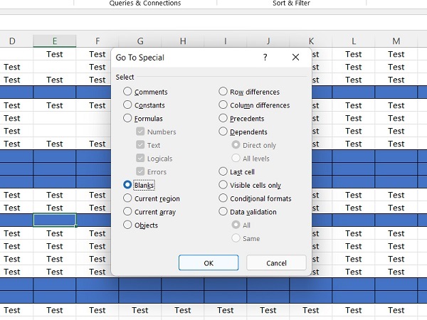 xóa dòng trống trong excel